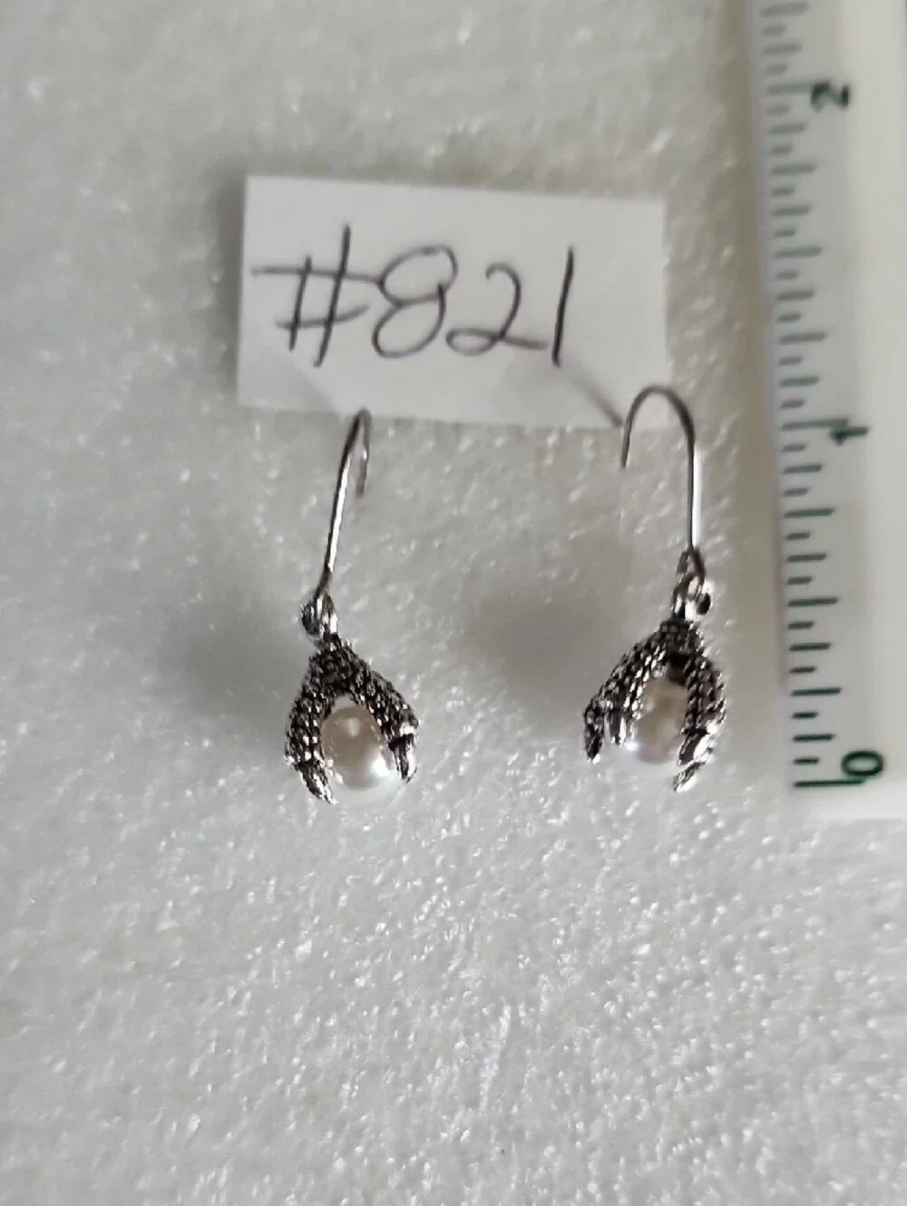 Silver-Tone Pearl Drop Earrings with Dragon Claw Accent - White